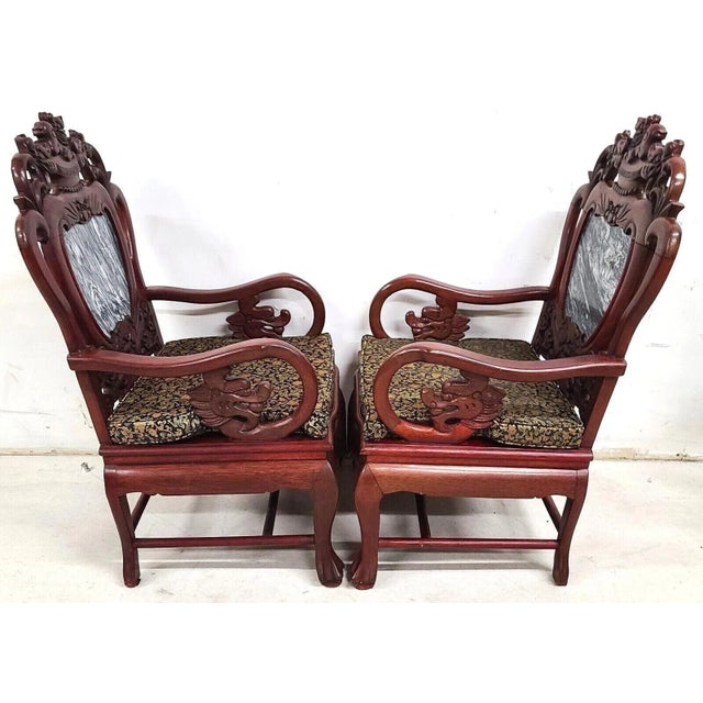 Mid Century Chinese Asian Rosewood & Marble Armchairs - a Pair For Sale - Image 11 of 13