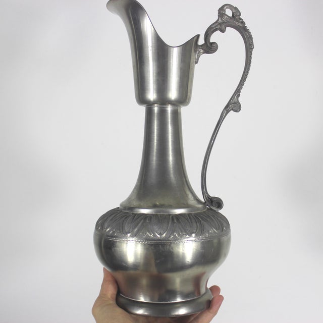 Vintage Real Pewter Pitcher Ornate Swan Handle Vase For Sale - Image 4 of 10