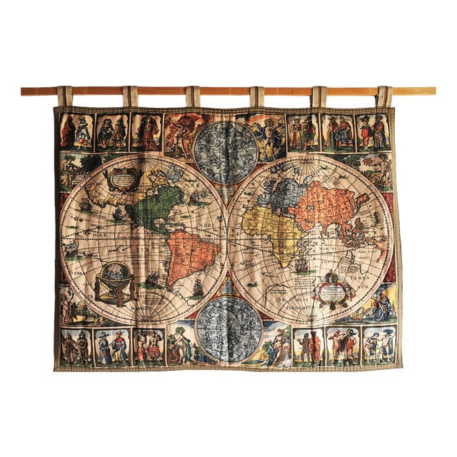 Vintage Tapestry with World Map by Gerardus Mercator, 1960s For Sale