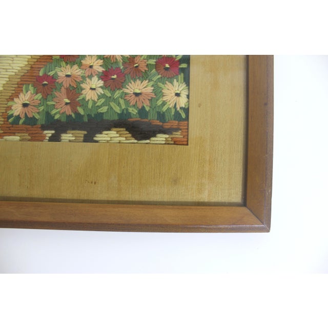 Vintage Framed Crewel Embroidery Art Cottage and Flowers For Sale - Image 9 of 11