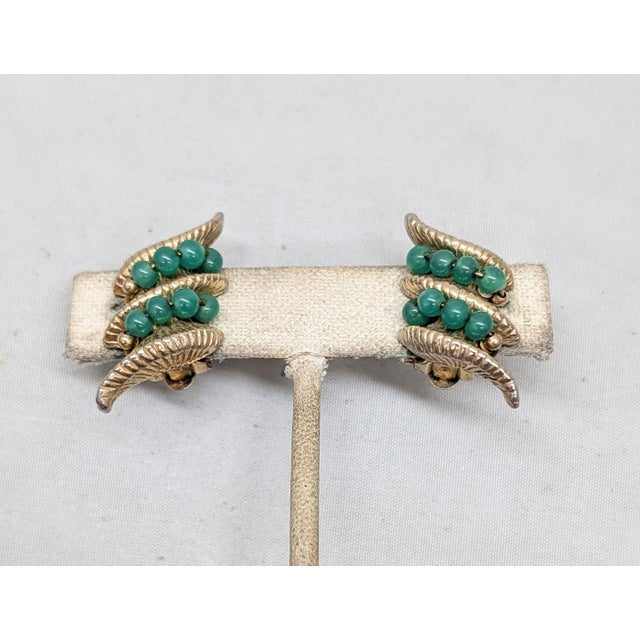 Napier Vintage 1964 Napier Book Piece Goldtone Faux-Jade Clip Earrings- 2 Pieces For Sale - Image 4 of 11