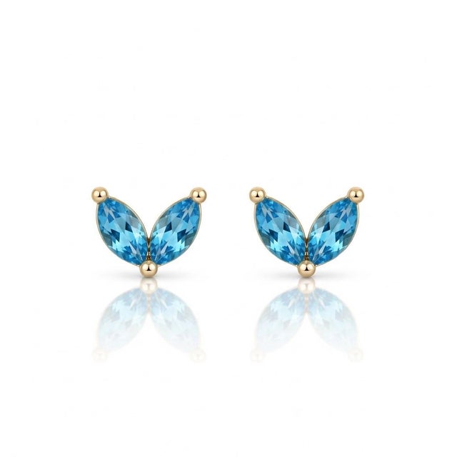 Contemporary Dainty Blue Topaz Leaf Earrings | v-Shape Marquise Cut Gemstone Studs | Minimalist December Birthstone Studs - A Pair For Sale - Image 3 of 4