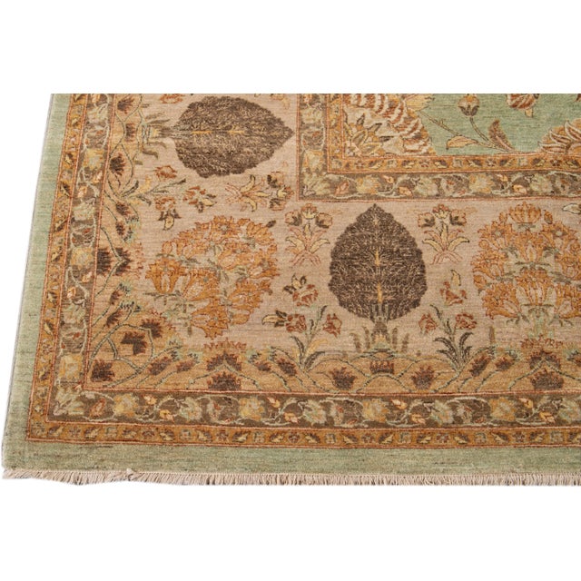 2010s Green Modern Tabriz Style Handmade Wool Rug With Floral Motif For Sale - Image 4 of 8