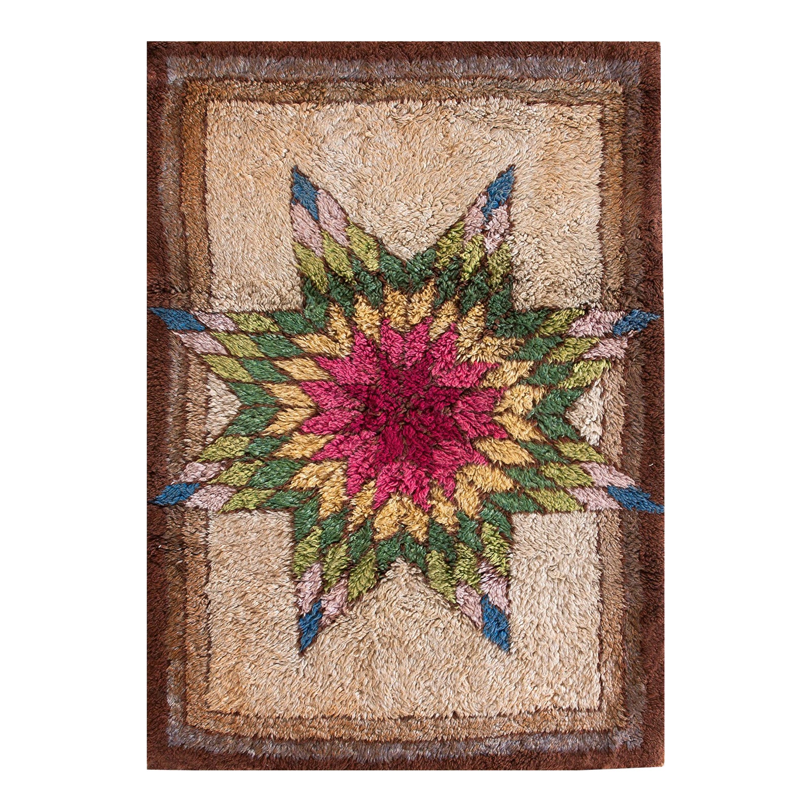1930s Tan Ecru Star Floral Folk Art Antique American Hooked Rug 2'5