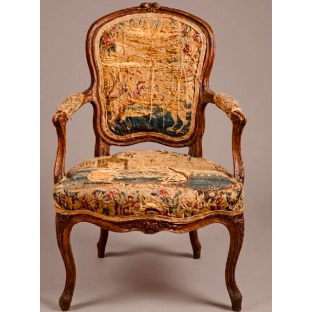 Auburn Pair of Early 19th Century French Louis XV Style Children's Armchairs, Aubusson Tapestry Fauteuils, Carved Walnut Cabriole Legs For Sale - Image 8 of 18
