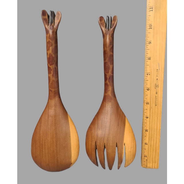Wood Vintage Teak Hand Carved Giraffe Salad Serving Utensils- Set of 2 For Sale - Image 7 of 9