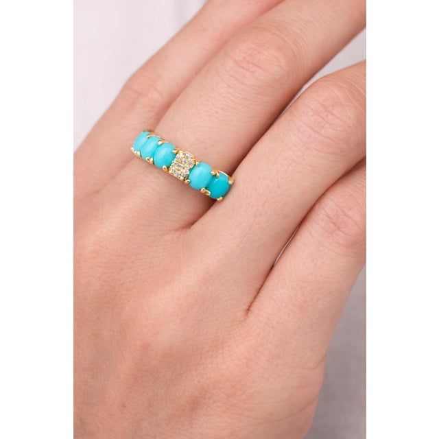 Metal 14k Gold Persian Turquoise Eternity Band With Diamond Accent, Size 7.5 For Sale - Image 7 of 7