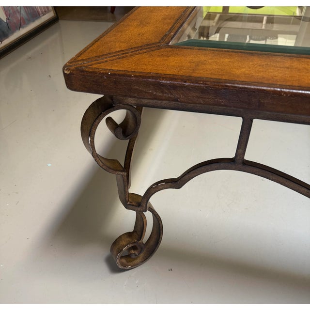 Rustic European 1990s Vintage Thomasville Leather, Iron, & Glass Top Coffee Table For Sale - Image 3 of 8