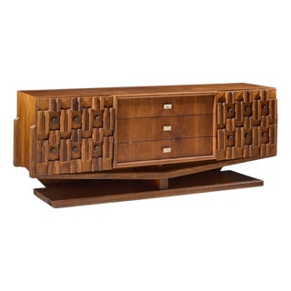 Paul Evans Style Mid Century Canadian Brutalist Walnut 9 Drawer Pedestal Lowboy Dresser For Sale
