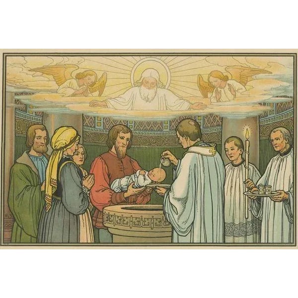 Philipp Schumacher, Religious Illustration of the Seven Sacraments, Baptism, 1913, Print For Sale - Image 3 of 5
