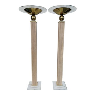 Memphis Styled Fluted Wood, Lucite and Brass Torchieres, Vintage / Pair For Sale