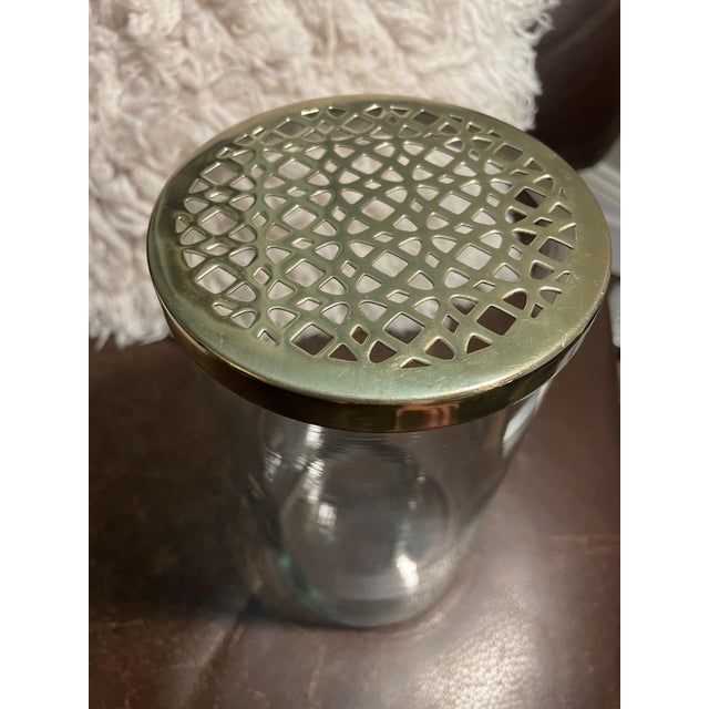 Modern Clear Glass Cylinder Vase With Gold Metal Floral Frog Lid For Sale - Image 4 of 8
