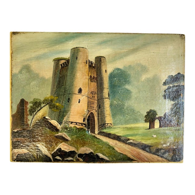 Early 20th Century French Castle Art Oil on Canvas For Sale