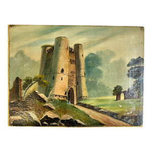 Early 20th Century French Castle Art Oil on Canvas