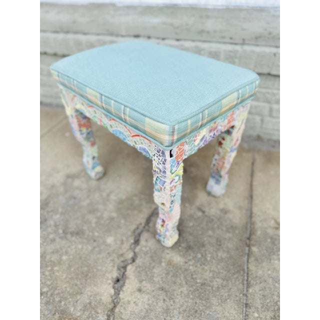 Baby Blue Small Vintage Mosaic Bench For Sale - Image 8 of 10