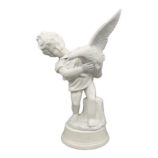 Large Vintage Scioto Ceramic Sculpture – Child With Goose – White Glazed Pottery Statue (1989) – Neoclassical / Hollywood Regency / Cottagecore Decor For Sale
