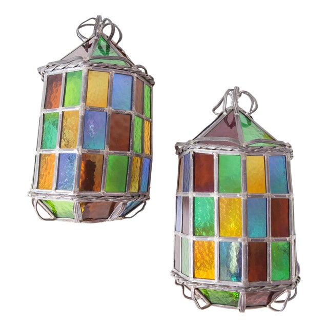Lead and Stained Glass Wall Sconces, 1970s, Set of 2 For Sale