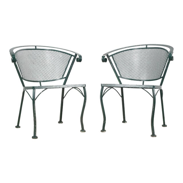 Pair of Late 20th Century Green Mesh Wrought Iron Patio Chairs For Sale