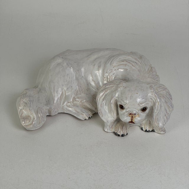 Vintage French White Tin Glaze Terracotta Pekinese Dog Sculpture With Glass Eyes For Sale - Image 4 of 9