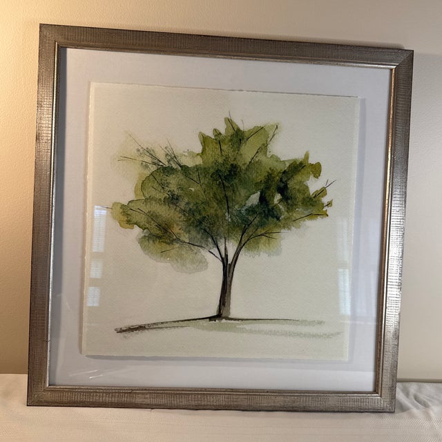 Contemporary Set of 6 Contemporary Minimalist "Tree Wash Series 1-6" Watercolor & Ink Framed Painting – 22" Sq For Sale - Image 3 of 8