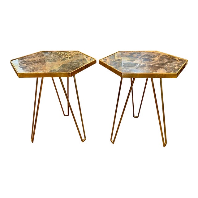 Pair of Mid_Century Modern Brass Hex Tables With Marble Top For Sale