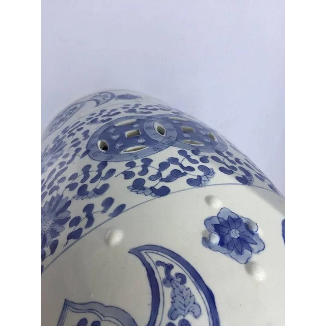 White Ceramic Asian Garden Seat in Blue and White Floral Motifs For Sale - Image 8 of 12