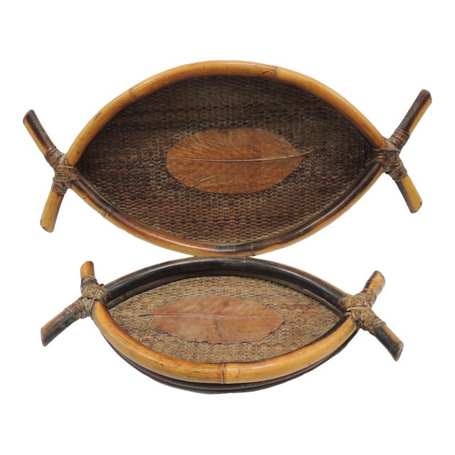 Bamboo and Rattan Oval Nesting Serving Trays - Set of 2 For Sale