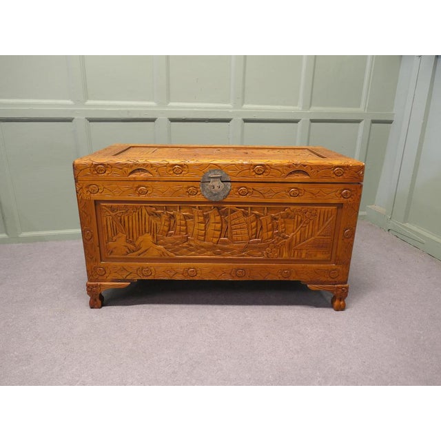 Large Honey-Coloured Carved Chest, 1920 For Sale - Image 3 of 6