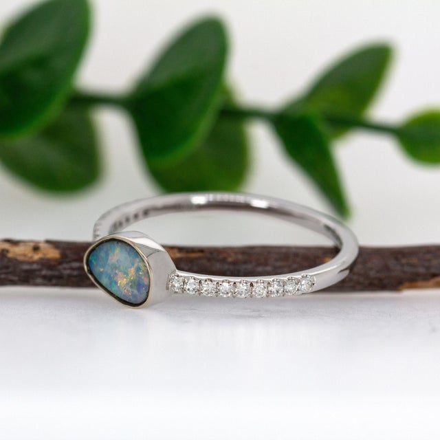 Australian Boulder Opal Ring With Diamond Pave Shank in 14k Solid Gold, Size 6.75 For Sale - Image 4 of 7