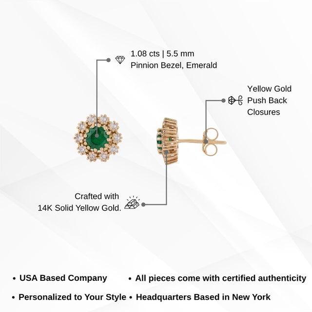 1.08ct Round Emerald & Diamond Halo Cluster Stud Earrings in 14k Yellow Gold- A Pair For Sale - Image 11 of 15