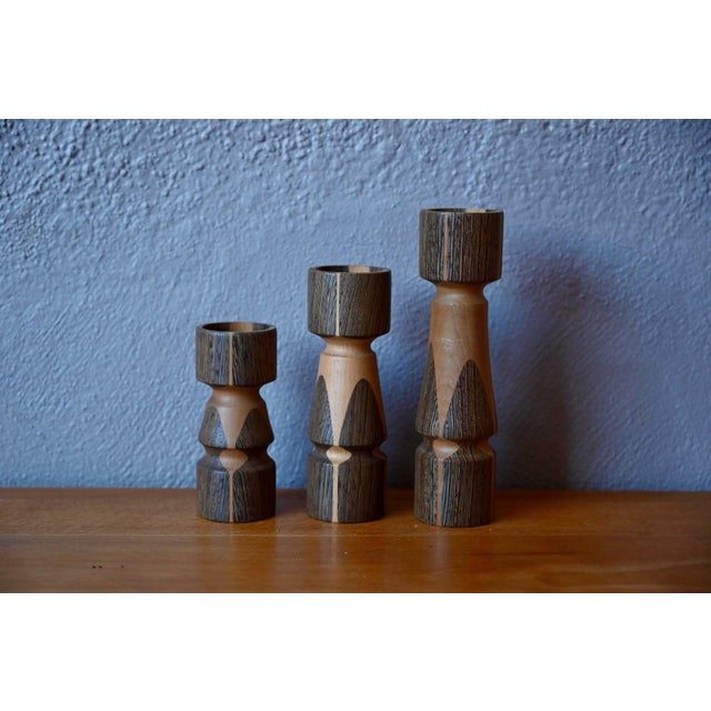 Scandinavian Wooden Candlesticks, Denmark, 1960s, Set of 3 For Sale - Image 3 of 6