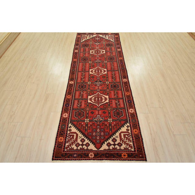 Cabin Zanjan Runner 3’8” X 9’7” Red Wool Vintage Tribal Hand-Knotted Oriental Rug For Sale - Image 3 of 14