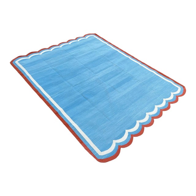 Handmade Cotton Area Rug Natural Vegetable Dyed Flat Weave Sky Blue Scalloped Rug Terracotta Border - 10'x14' For Sale