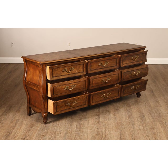 French Provincial Baker Furniture Company Burl Wood Long Bombe Dresser For Sale - Image 3 of 18