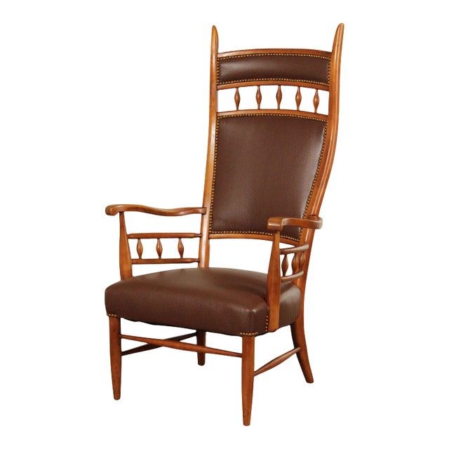Mid Century Unusual High Back Sculpted Maple & Leather Arm Chair For Sale