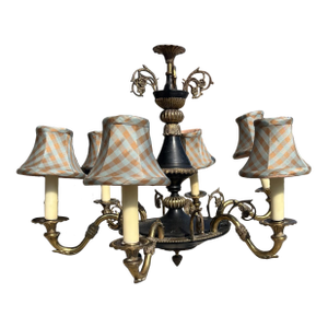 French Empire Style Tole and Brass Chandelier, Early 20th Century, With Silk Custom Shades