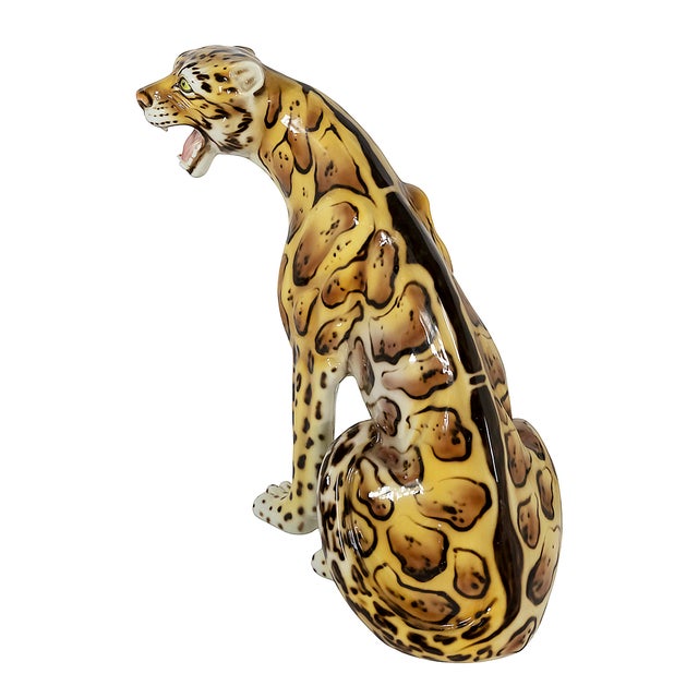 Mid-Century Modern Large Vintage Italian Glazed Ceramic Serval Sculpture, 1980s For Sale - Image 3 of 7