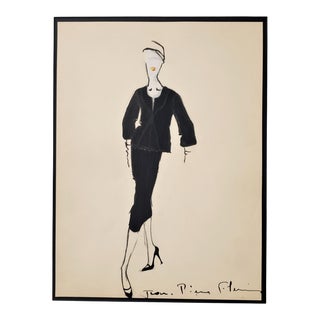 1950 Mid-Century French Original Fashion Drawing in Gouache, Matted For Sale