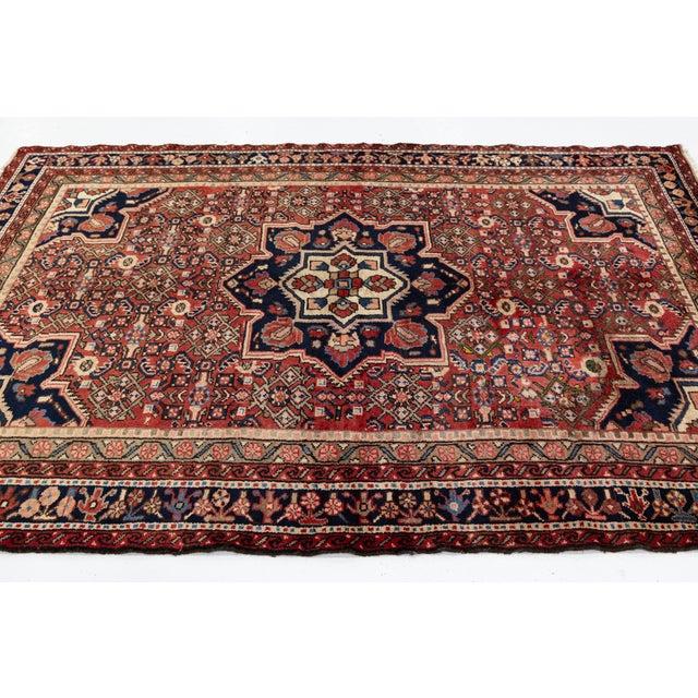 Textile Vintage Hamadan Hand-Knotted Wool Rug With Geometric Medallion – Red & Navy For Sale - Image 7 of 9