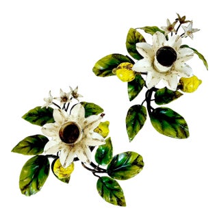 1950s Vintage Italian Mediterranean Flora & Lemon Candle Holders - A Pair For Sale