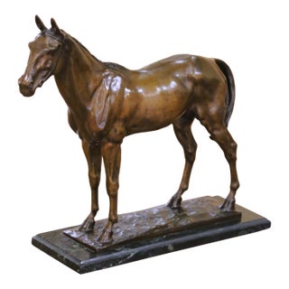 19th C. French Patinated Bronze Horse Sculpture on Marble Base Signed C. Fratin For Sale