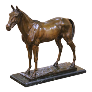 19th C. French Patinated Bronze Horse Sculpture on Marble Base Signed C. Fratin