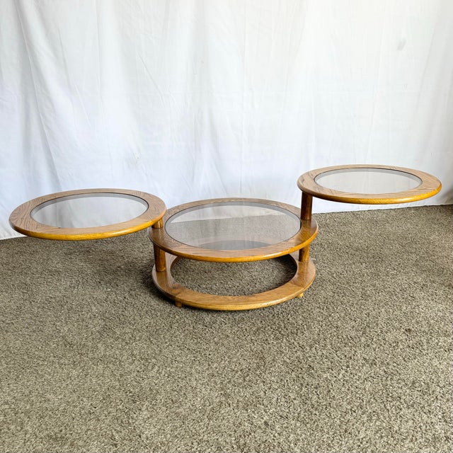 Wood Mid Century Modern Three Tier Oak and Smoked Glass Swivel Coffee Table For Sale - Image 7 of 10