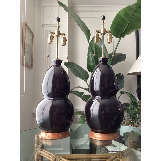 Rare Early Signed Christopher Spitzmiller Double Gourd Ceramic Table Lamps, Dated 2004 – Pair For Sale - Image 9 of 9