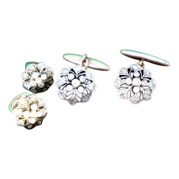 Gold and Silver Cufflinks with Diamond Chips, Set of 2 For Sale