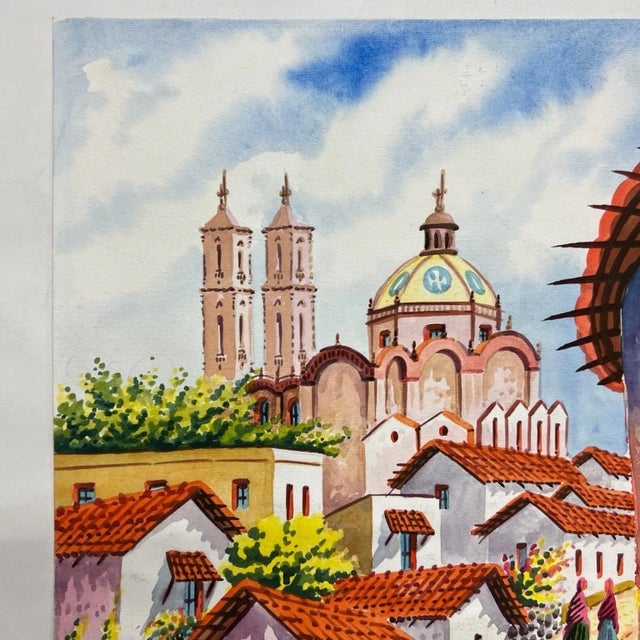 Expressionism 1997 Vintage Art Original Watercolor Cobblestone Village #1 by Carrillo For Sale - Image 3 of 8