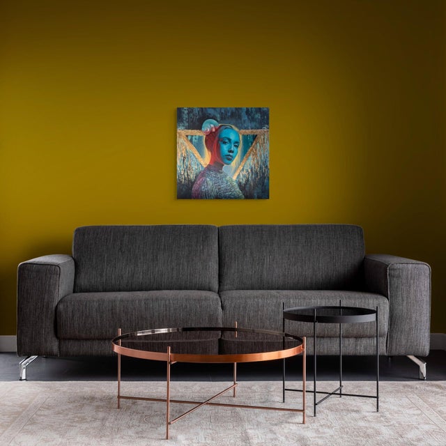Early 21st Century Blue Aura by Andrada Trapnell | Mixed media on board portrait of a woman with blue tones For Sale - Image 5 of 5