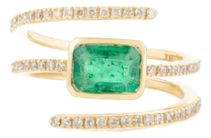 14k Yellow Gold Octagon Cut Emerald & Diamond Spring Ring Size 7