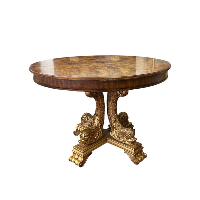Wood Mid 20th Century Impressive Regency Burled Fruitwood Pedestal Center Table With Gilded Dolphin Base For Sale - Image 7 of 14