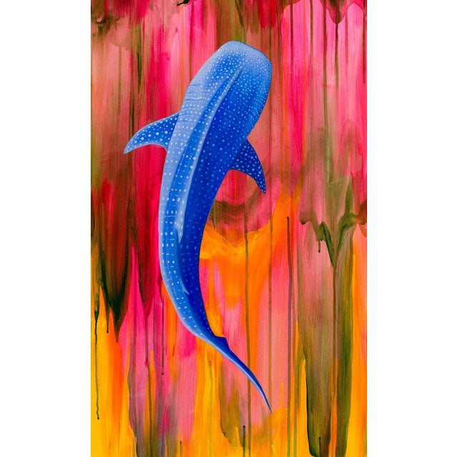 Blue Shiver by Robin Hextrum | Oil and Acrylic on Canvas Featuring Blue Fish in Abstract Background For Sale - Image 4 of 5